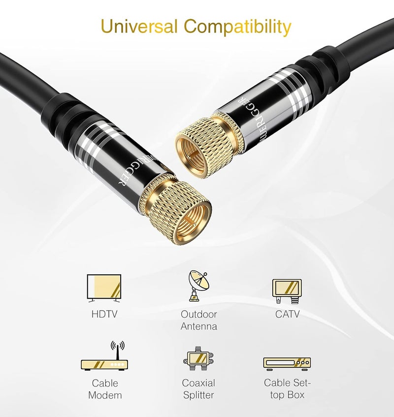 BlueRigger كابل RG6 المحوري (موصل ذكر نوع F، مطلي بالذهب، ثلاثي الدرع) - كابل صوت وصورة رقمي لتلفاز HDTV، CATV، مودم، أجهزة الاستقبال الفضائية (15 قدم) - Image 3